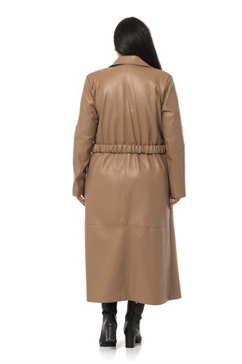 Büyük Beden Büzgülü Kemerli Rüzgarlıklı Uzun Deri Astarlı Vizon Kaban