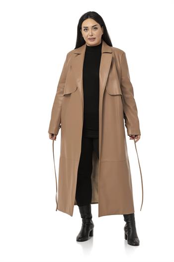 Büyük Beden Büzgülü Kemerli Rüzgarlıklı Uzun Deri Astarlı Vizon Kaban