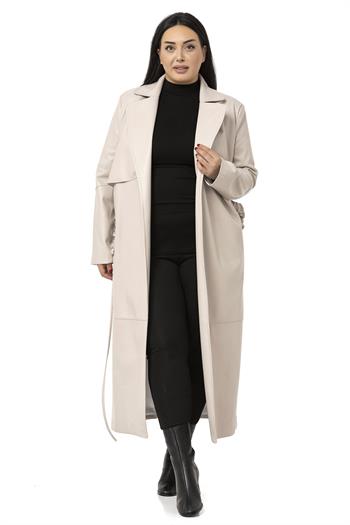 Büyük Beden Büzgülü Kemerli Rüzgarlıklı Uzun Deri Astarlı Taş Rengi Kaban