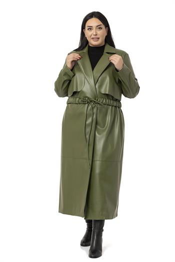 Büyük Beden Büzgülü Kemerli Rüzgarlıklı Uzun Deri Astarlı Haki Kaban