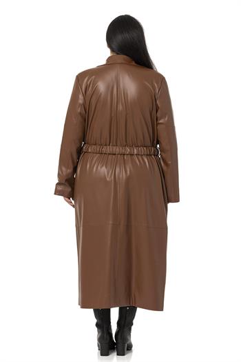 Büyük Beden Büzgülü Kemerli Rüzgarlıklı Uzun Deri Astarlı Kahverengi Kaban
