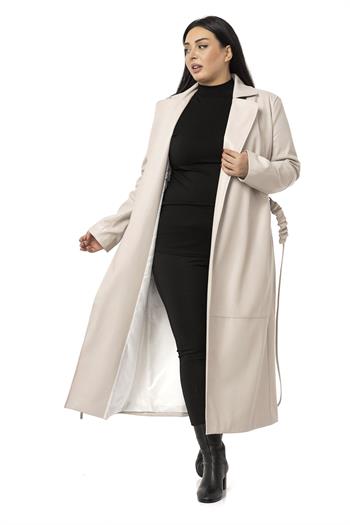 Büyük Beden Büzgülü Kemerli Rüzgarlıklı Uzun Deri Astarlı Taş Rengi Kaban