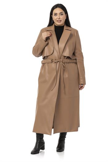 Büyük Beden Büzgülü Kemerli Rüzgarlıklı Uzun Deri Astarlı Vizon Kaban