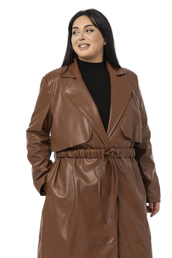 Büyük Beden Büzgülü Kemerli Rüzgarlıklı Uzun Deri Astarlı Kahverengi Kaban