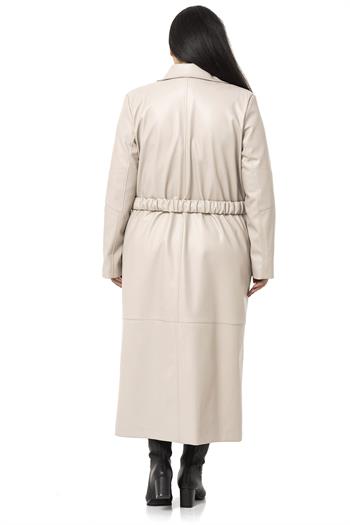 Büyük Beden Büzgülü Kemerli Rüzgarlıklı Uzun Deri Astarlı Taş Rengi Kaban