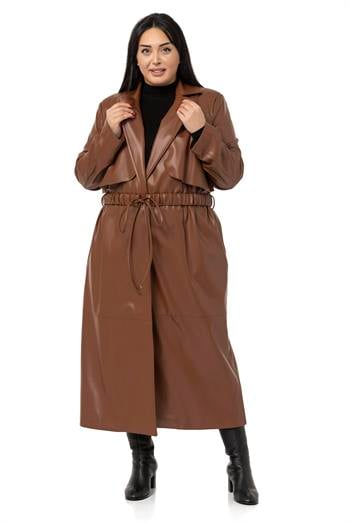 Büyük Beden Büzgülü Kemerli Rüzgarlıklı Uzun Deri Astarlı Kahverengi Kaban