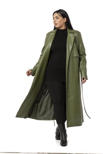 Büyük Beden Büzgülü Kemerli Rüzgarlıklı Uzun Deri Astarlı Haki Kaban