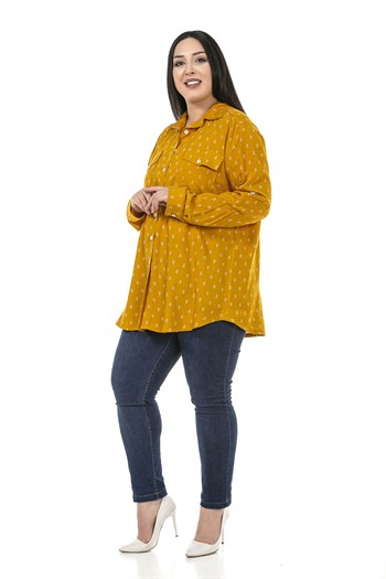 Büyük Beden Çapa Desenli Katlamalı Kollu Göğüsten Cepli Hardal Gömlek