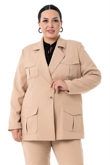 Büyük Beden Ceket Pantolon Bej Rengi Takım