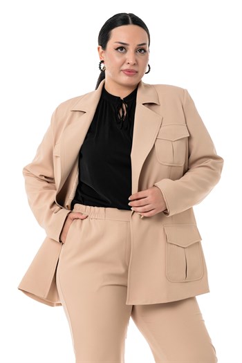 Büyük Beden Ceket Pantolon Bej Rengi Takım