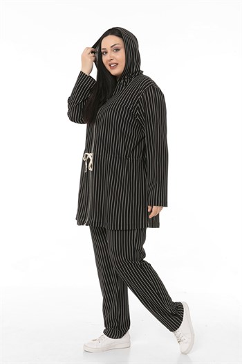 Büyük Beden Ceket Pantolon Siyah Çizgili Takım