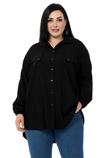 Büyük Beden Cep Kapağı Detaylı Kol Ağzı Lastikli Siyah Gömlek