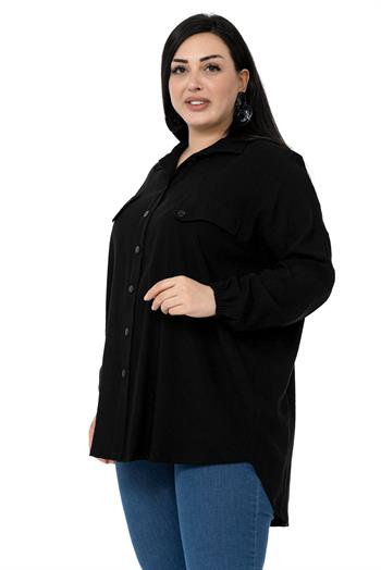 Büyük Beden Cep Kapağı Detaylı Kol Ağzı Lastikli Siyah Gömlek