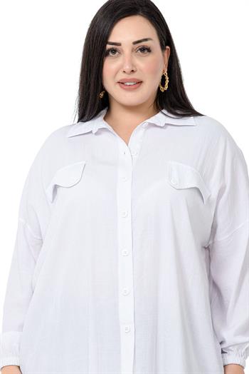 Büyük Beden Cep Kapağı Detaylı Kol Ağzı Lastikli Beyaz Gömlek