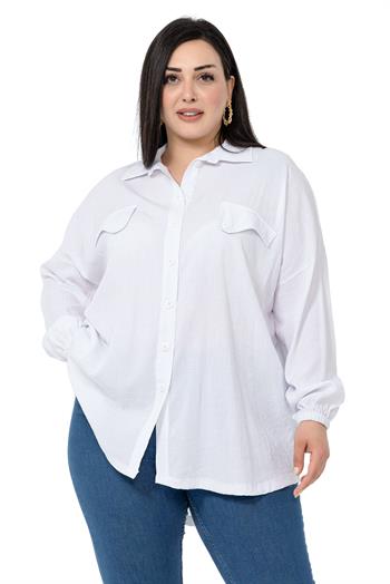 Büyük Beden Cep Kapağı Detaylı Kol Ağzı Lastikli Beyaz Gömlek