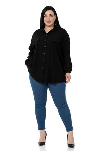 Büyük Beden Cep Kapağı Detaylı Kol Ağzı Lastikli Siyah Gömlek