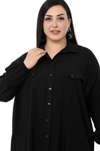 Büyük Beden Cep Kapağı Detaylı Kol Ağzı Lastikli Siyah Gömlek