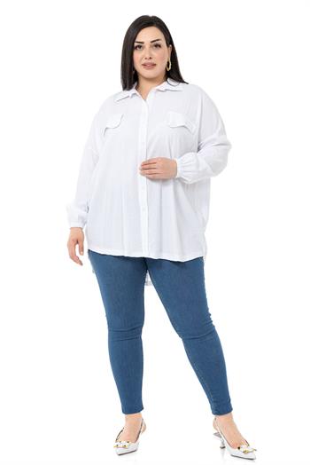 Büyük Beden Cep Kapağı Detaylı Kol Ağzı Lastikli Beyaz Gömlek