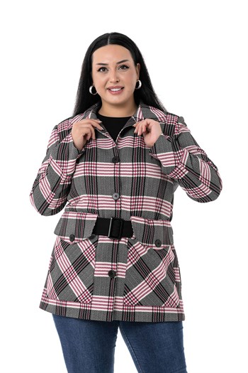 Büyük Beden Cep ve Kemer Detaylı Astarlı Siyah Fuşya Ceket