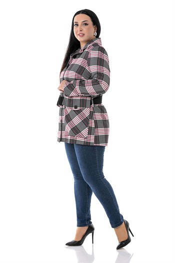 Büyük Beden Cep ve Kemer Detaylı Astarlı Siyah Fuşya Ceket