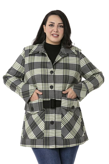 Büyük Beden Cep ve Kemer Detaylı Astarlı Siyah Yeşil Ceket