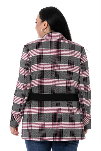 Büyük Beden Cep ve Kemer Detaylı Astarlı Siyah Fuşya Ceket