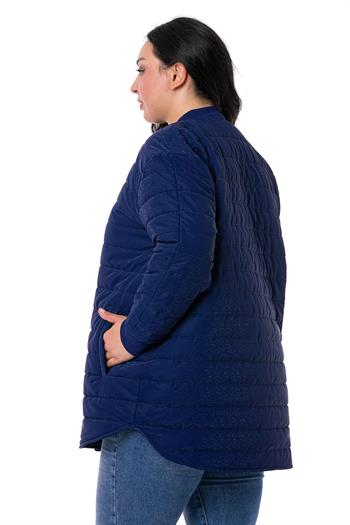 Büyük Beden Cepli Çıt Çıt Kapamalı Astarlı Kapitone Lacivert Mont