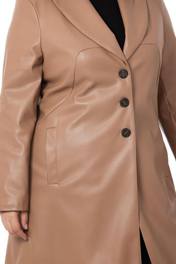 Büyük Beden Cepli Düğme Kapamalı Astarlı Deri Vizon Kaban