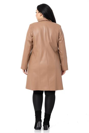 Büyük Beden Cepli Düğme Kapamalı Astarlı Deri Vizon Kaban