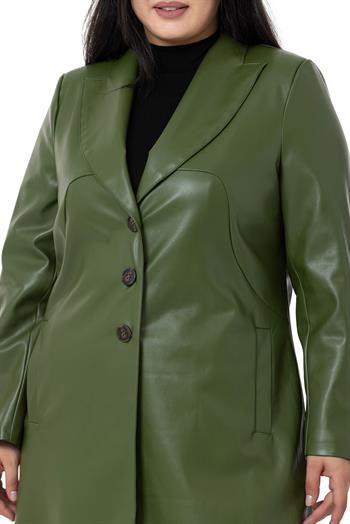 Büyük Beden Cepli Düğme Kapamalı Astarlı Deri Haki Kaban