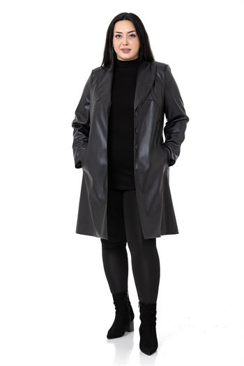 Büyük Beden Cepli Düğme Kapamalı Astarlı Deri Siyah Kaban