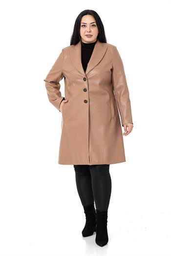 Büyük Beden Cepli Düğme Kapamalı Astarlı Deri Vizon Kaban