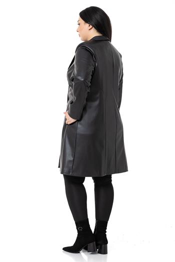 Büyük Beden Cepli Düğme Kapamalı Astarlı Deri Siyah Kaban