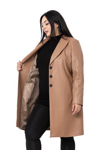 Büyük Beden Cepli Düğme Kapamalı Astarlı Deri Vizon Kaban