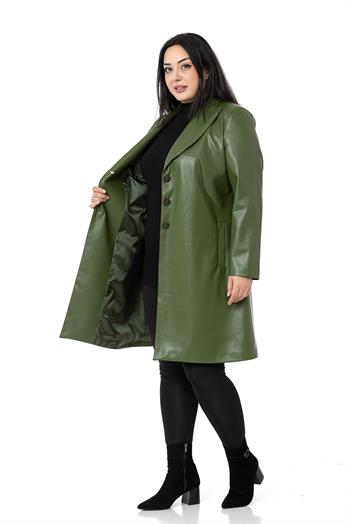 Büyük Beden Cepli Düğme Kapamalı Astarlı Deri Haki Kaban