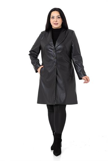 Büyük Beden Cepli Düğme Kapamalı Astarlı Deri Siyah Kaban