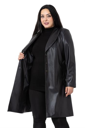 Büyük Beden Cepli Düğme Kapamalı Astarlı Deri Siyah Kaban