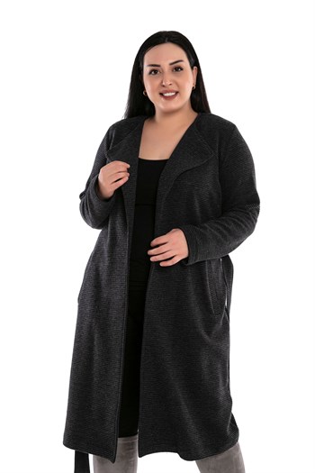 Plus Size Pocket Belted Antacid Long Cardigan