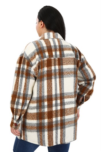 Büyük Beden Cepli Manşetli Uzun Kışlık Kahverengi Ceket Gömlek