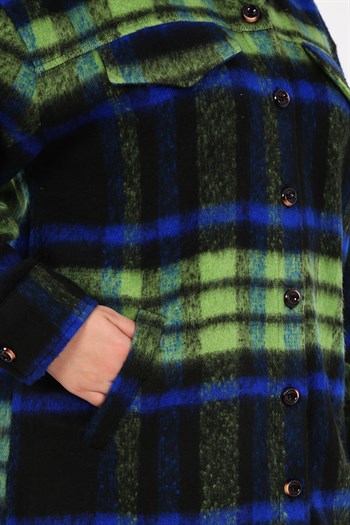 Büyük Beden Cepli Manşetli Uzun Kışlık Mavi Ceket Gömlek