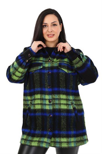 Büyük Beden Cepli Manşetli Uzun Kışlık Mavi Ceket Gömlek