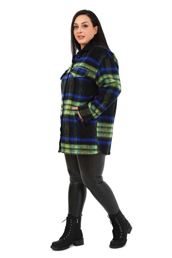 Büyük Beden Cepli Manşetli Uzun Kışlık Mavi Ceket Gömlek