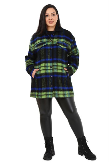 Büyük Beden Cepli Manşetli Uzun Kışlık Mavi Ceket Gömlek