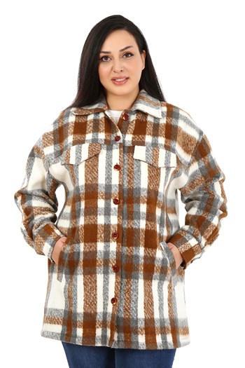 Büyük Beden Cepli Manşetli Uzun Kışlık Kahverengi Ceket Gömlek