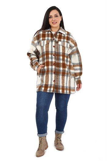 Büyük Beden Cepli Manşetli Uzun Kışlık Kahverengi Ceket Gömlek