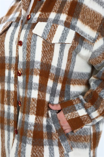 Büyük Beden Cepli Manşetli Uzun Kışlık Kahverengi Ceket Gömlek