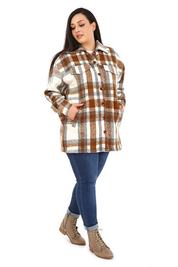 Büyük Beden Cepli Manşetli Uzun Kışlık Kahverengi Ceket Gömlek