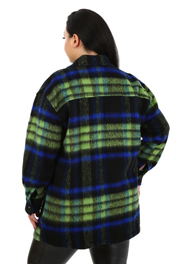 Büyük Beden Cepli Manşetli Uzun Kışlık Mavi Ceket Gömlek