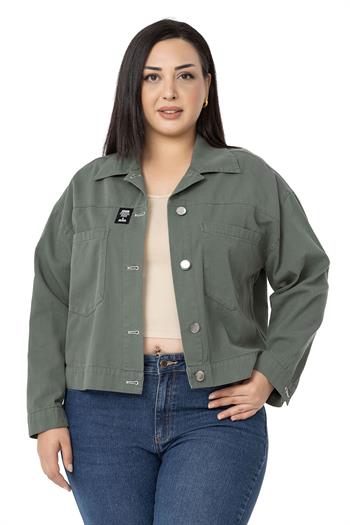 Plus Size Double Pocket Gabardine Short Khaki Jacket
