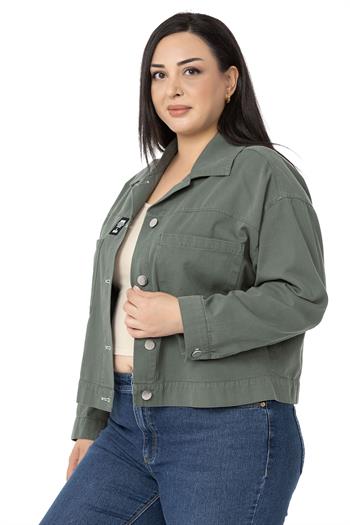 Plus Size Double Pocket Gabardine Short Khaki Jacket